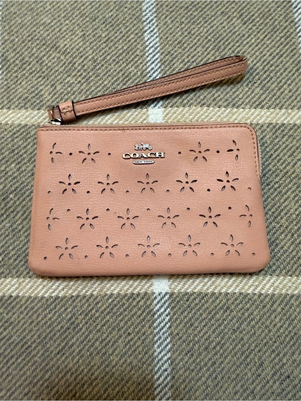 COACH Perforated Floral Leather Wristlet in Blush